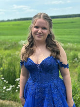 Plus Size Royal Blue Lace Prom Dresses UK Off the Shoulder Mychicdress